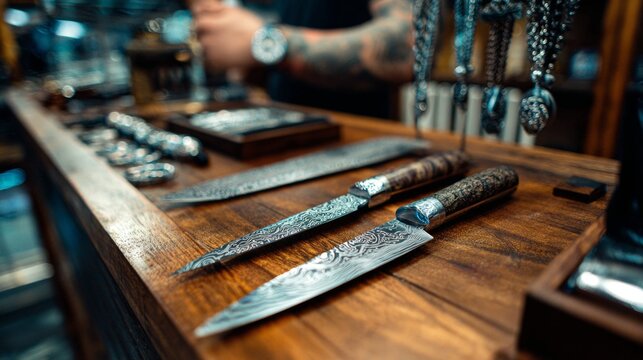 Crafted knives displayed on wooden table for artisan cutlery, blacksmith and handmade blade visuals concept - Powered by Adobe