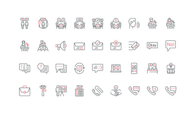 Business communication, conference and presentation, seminar, forum speech of speaker line icon set. People talk and speak, announce messages, opinion thin black and red symbols vector illustration
