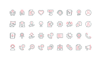 Customer support service, call center and tech problem assistance, online guide line icon set. Complaint report and questions, problem solving thin black and red outline symbols vector illustration