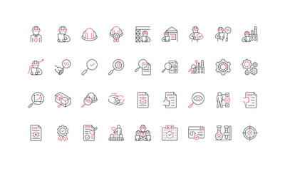 Inspection of factory mechanism and process, hardware and software, product line icon set. Audit and validation procedures, calibration checklist thin black and red symbols vector illustration