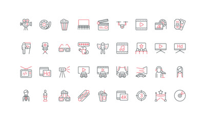 Cinema and entertainment, movie film and performance production, Hollywood celebrity line icon set. Drive in theater, dubbing, start countdown, projector thin black and red symbols vector illustration