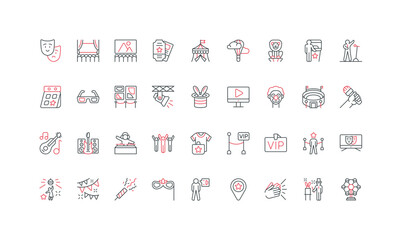 Show in theater and cinema, circus and amusement park, music festival line icon set. TV program on screen and movie, clown, discotheque, DJ party thin black and red symbols vector illustration