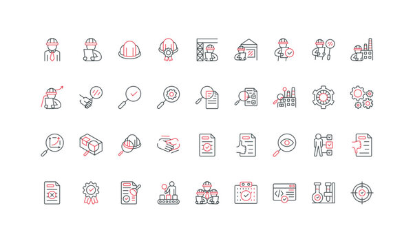 Inspection of factory mechanism and process, hardware and software, product line icon set. Audit and validation procedures, calibration checklist thin black and red symbols vector illustration