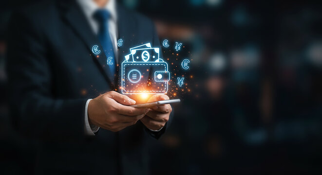 Digital Finance in Hand: A business professional holds a smartphone, with a vibrant digital wallet overlay illustrating modern financial management and secure transactions. - Powered by Adobe