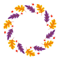 Autumn frame. Round border made of leaves, oak, birch, berries, maple. leaves have a different shape and are arranged in a circle. Vector flat isolated on white background.