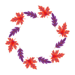 Autumn frame. Round border made of leaves, oak, birch, berries, maple. leaves have a different shape and are arranged in a circle. Vector flat isolated on white background.