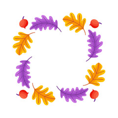 Autumn frame. Round border made of leaves, oak, birch, berries, maple. leaves have a different shape and are arranged in a circle. Vector flat isolated on white background.