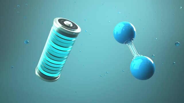 4k Video H2 Molecule Hydrogen Battery. roRes 4444. 3D Animation.