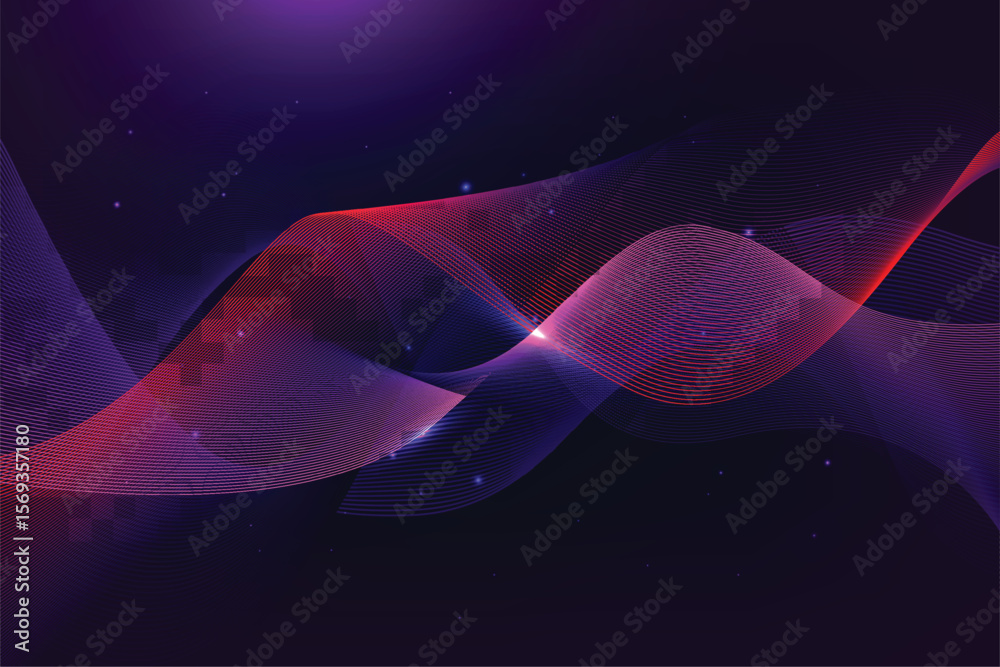 Poster abstract purple and red wave pattern with glowing particles on a dark purple background design eleme