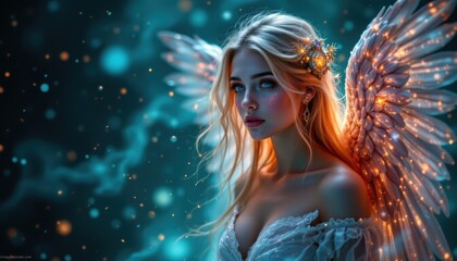 create a captivating portrait of a beautiful angel woman in a magical fantasy setting, she is positioned on an abstract galaxy background, glowing with energy lights and particles