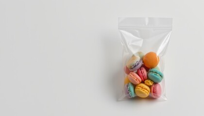 create an art image featuring a plastic bag mockup in the upper left corner against a white background, the bag should be transparent and reveal colorful mini macarons inside