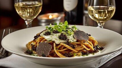 Gourmet Truffle Pasta with Fine Dining, and White Wine.