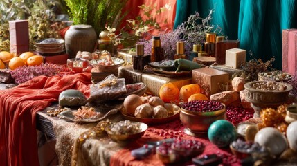 Dessert buffet table with assorted pastries and bread for bakery celebration catering photography sweet food product visuals