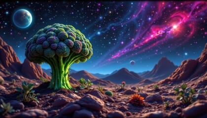 create a retro style image that features a unique take on a galaxy version of broccoli world, where broccoli takes center stage in a vibrant and imaginative universe