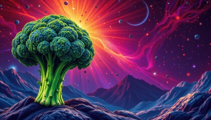 create a retro style image that features a unique take on a galaxy version of broccoli world, where broccoli takes center stage in a vibrant and imaginative universe
