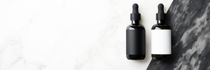 Fototapeta premium Beauty product bottles for website header, 3:1 banner image on marble surface with minimal black and white tones, copy space on the left for blog or landing page