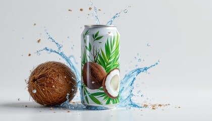 create an image featuring a white aluminum drink can that is patterned with a green and brown coconut design along with water splashes
