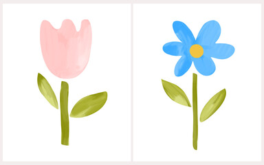 Cute Hand Drawn Vcctor Illustration Of Pink Tulip And Blue Daisy Flowers. Childish Drawing-like Blooming Flowers. Pink And Blue Flowers On a White Background. Nursery Art. Kids' Room Decoration. 