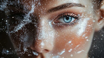Closeup portrait of woman with snow particles on face for fantasy winter beauty makeup photography creative visuals concept