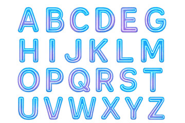 Neon alphabet (A-Z) blue and purple, isolated on transparent background.