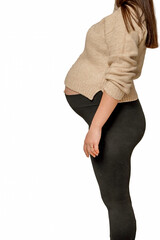Young pregnant woman before childbirth, on a white background