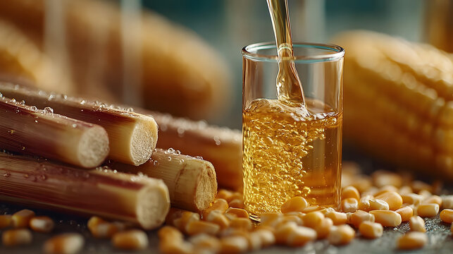 High-resolution image of sustainable ethanol fuel being poured into a transparent test tube, surrounded by corn kernels and sugarcane, soft shadows, eco-lab environment