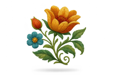 Ornate embroidered floral motif isolated on transparent background, vintage art.