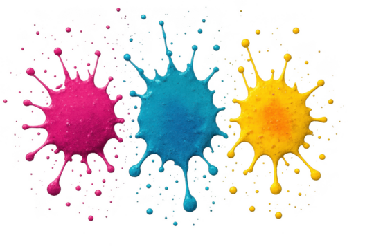 Vibrant pink, blue, and yellow paint splatters isolated on a transparent background