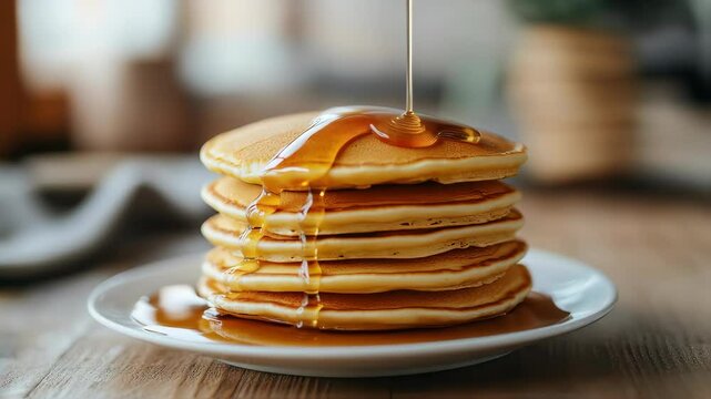 close-up of honey pouring over the pancake stack