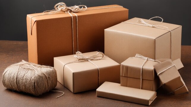 Stacked brown cardboard boxes with string on black background for packaging or delivery product photography visuals