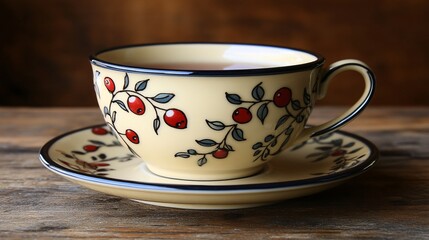 Fototapeta premium tea cup with red fruit design on wooden surface