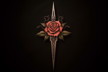 Illustration of a red rose blooming on a stylized dagger, creating a symbolic and artistic representation