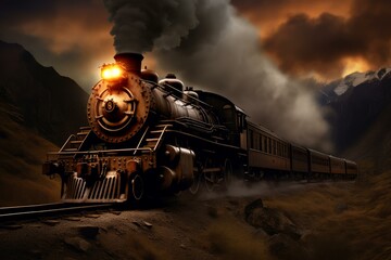 Vintage steam train is emitting smoke and traveling through a mountain valley at sunset