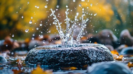Water splash on stone with autumn leaves and soft background bokeh for nature motion photography inspiration moment