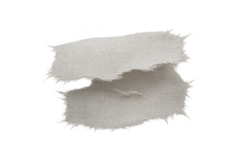 Two pieces of textured light fabric with torn edges isolated on transparent background.
