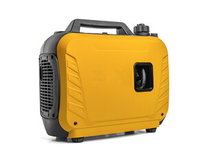 Portable yellow power generator with a sturdy handle and compact design, isolated on a white background