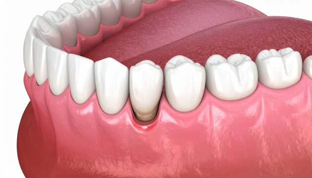 Medical 3D illustration showing a close-up of periodontitis, a severe gum infection that damages soft tissue and destroys the bone supporting the teeth, on a white background.