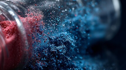 Colorful powder explosion in dynamic motion with red and blue clouds for creative action photography background concept