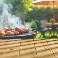 Empty table with barbecue grill and garden in background – outdoor cooking concept with product...