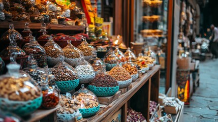 Fototapeta premium Market spice stand filled with colorful seasonings and containers for street food cultural photography background scene
