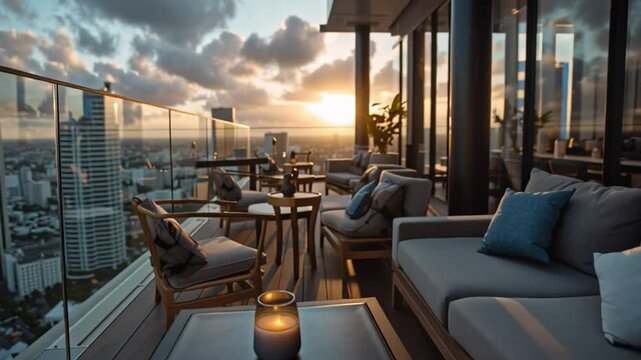 Luxury Rooftop Oasis at Sunset: A breathtaking cityscape, the photograph showcases an elegantly furnished rooftop terrace overlooking a stunning sunset.