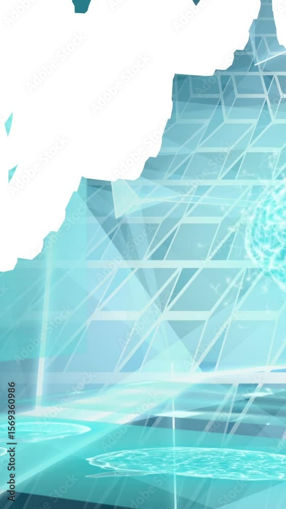 Poster animation of shapes over data processing and digital brain on blue background