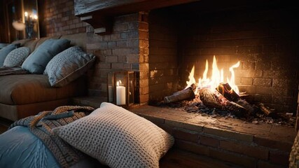 Cozy Fireplace scene: Warm and inviting fireplace scene with burning firewood, soft cushions, and blankets creating a feeling of comfort and relaxation.