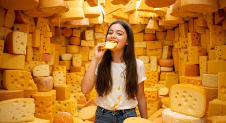 A girl is inside a room fully covered with cheese. She is eating cheese.