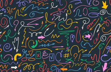 Seamless pattern  group arrows and frames. Hand drawn color symbols swirls, crosses for hand drawn diagrams. Doodle marker drawing. Vector freehand different curved arrows, circles and check marks.