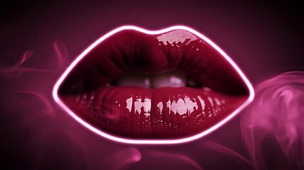 Glossy Dark Red Lips with Neon Pink Outline on Smoky Magenta Background in Dramatic Lighting