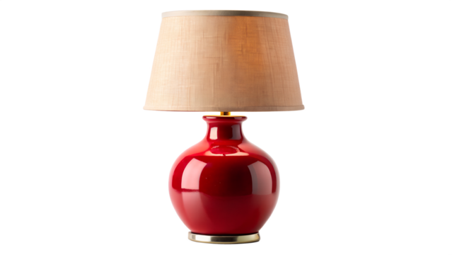 Elegant red ceramic table lamp with beige shade on transparent background
