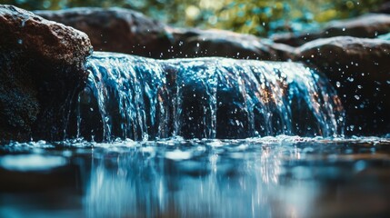 Natural waterfall flowing over rocks in forest environment for landscape photography nature travel background inspiration concept