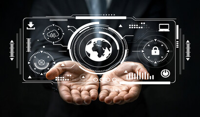 Futuristic Digital Interface Concept with Hands Displaying Global Network, Security Symbols, and Data Metrics for Technology and Innovation Themes