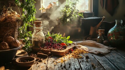 Sunlight entering rustic kitchen with herbs vegetables and glass jars for homestead food photography countryside lifestyle concept